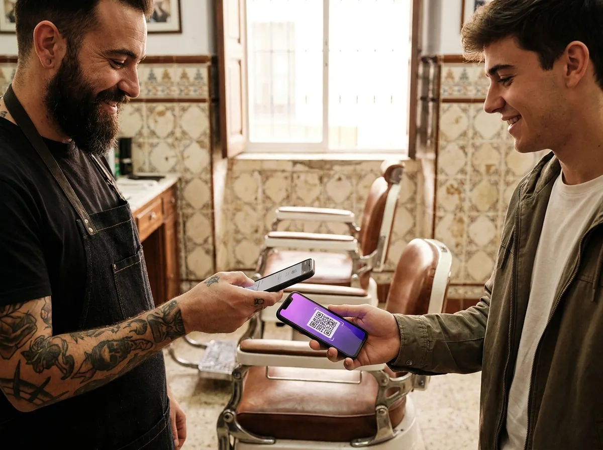Un barbero escanea con su móvil el código de la tarjeta que le enseña su cliente. (imagen generada con IA)